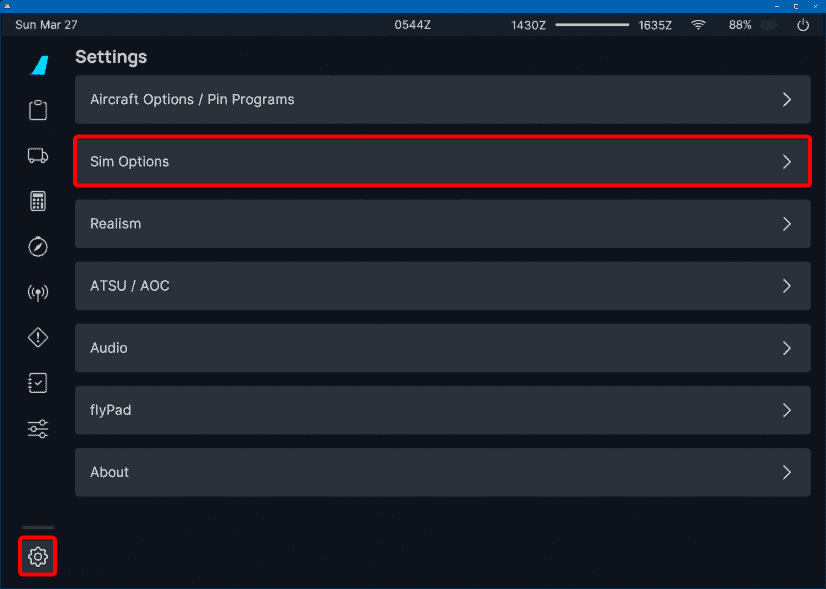 FlyPad Sim Settings