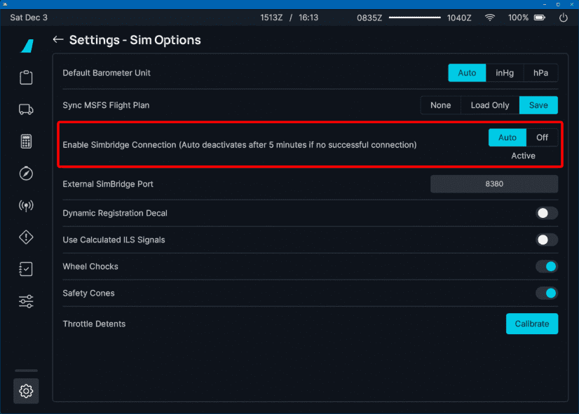 flyPad EFB Settings Sim Options
